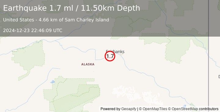 Earthquake 16 km S of Ester, Alaska (1.7 ml) (2024-12-23 22:46:09 UTC)