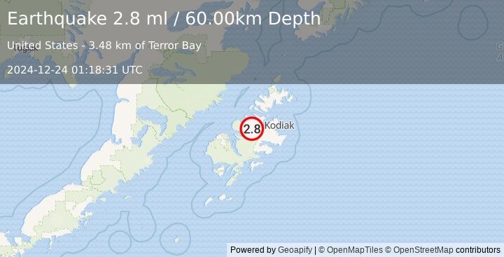 Earthquake 27 km SW of Port Lions, Alaska (2.8 ml) (2024-12-24 01:18:31 UTC)