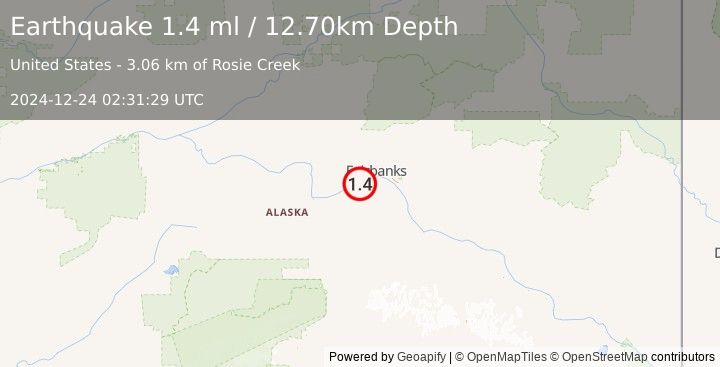 Earthquake 14 km S of Ester, Alaska (1.4 ml) (2024-12-24 02:31:29 UTC)