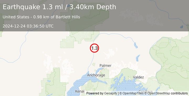 Earthquake 5 km SE of Talkeetna, Alaska (1.3 ml) (2024-12-24 03:36:50 UTC)