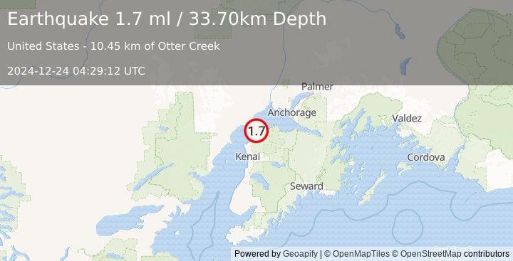 Earthquake 16 km SSE of Tyonek, Alaska (1.7 ml) (2024-12-24 04:29:12 UTC)