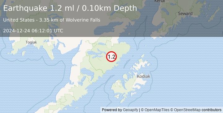 Earthquake 101 km S of Kokhanok, Alaska (1.2 ml) (2024-12-24 06:12:01 UTC)