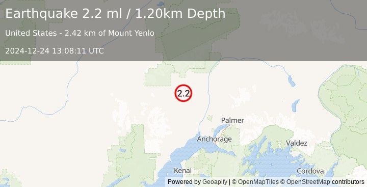 Earthquake 19 km NNE of Skwentna, Alaska (2.2 ml) (2024-12-24 13:08:11 UTC)