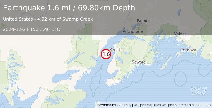 Earthquake 32 km W of Cohoe, Alaska (1.6 ml) (2024-12-24 15:53:40 UTC)