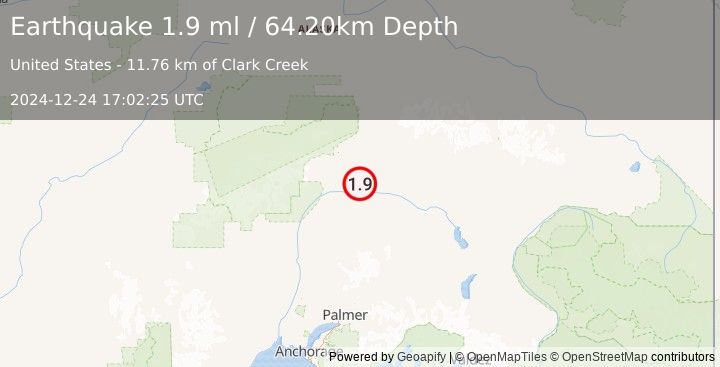 Earthquake 51 km S of Cantwell, Alaska (1.9 ml) (2024-12-24 17:02:25 UTC)