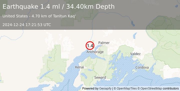 Earthquake 11 km SE of Susitna, Alaska (1.4 ml) (2024-12-24 17:21:53 UTC)