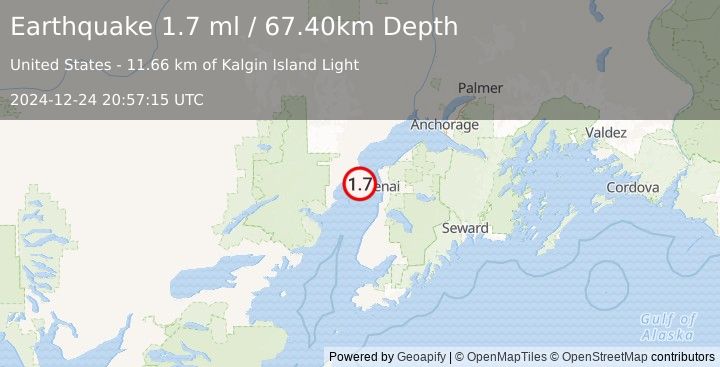 Earthquake 24 km W of Salamatof, Alaska (1.7 ml) (2024-12-24 20:57:15 UTC)