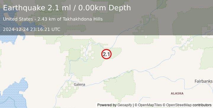 Earthquake 50 km SW of Hughes, Alaska (2.1 ml) (2024-12-24 23:16:21 UTC)