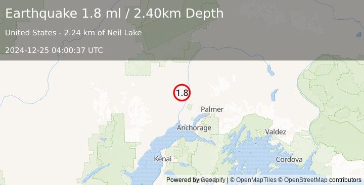 Earthquake 29 km NW of Willow, Alaska (1.8 ml) (2024-12-25 04:00:37 UTC)