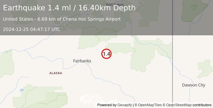 Earthquake 49 km ENE of Pleasant Valley, Alaska (1.4 ml) (2024-12-25 04:47:17 UTC)