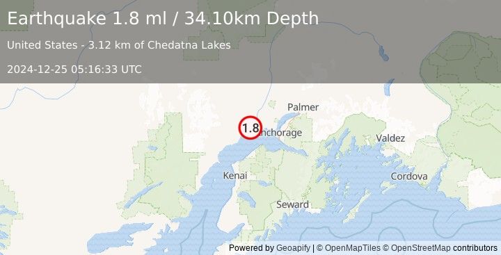 Earthquake 23 km NE of Beluga, Alaska (1.8 ml) (2024-12-25 05:16:33 UTC)