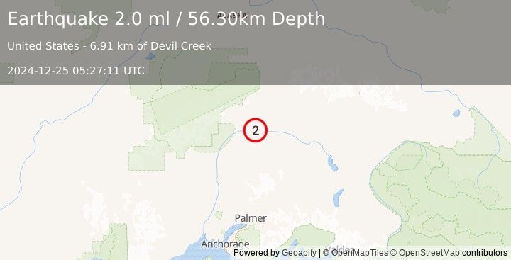 Earthquake 58 km S of Cantwell, Alaska (2.0 ml) (2024-12-25 05:27:11 UTC)