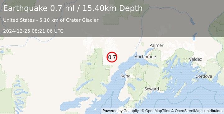 Earthquake 61 km WNW of Tyonek, Alaska (0.7 ml) (2024-12-25 08:21:06 UTC)