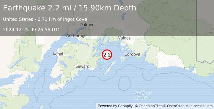 Earthquake 55 km NNE of Chenega, Alaska (2.2 ml) (2024-12-25 09:26:56 UTC)