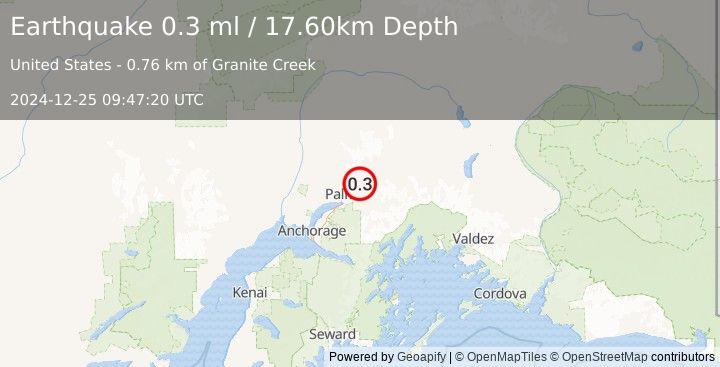 Earthquake 8 km SSW of Sutton-Alpine, Alaska (0.3 ml) (2024-12-25 09:47:20 UTC)