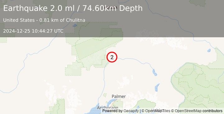 Earthquake 56 km NNE of Chase, Alaska (2.0 ml) (2024-12-25 10:44:27 UTC)