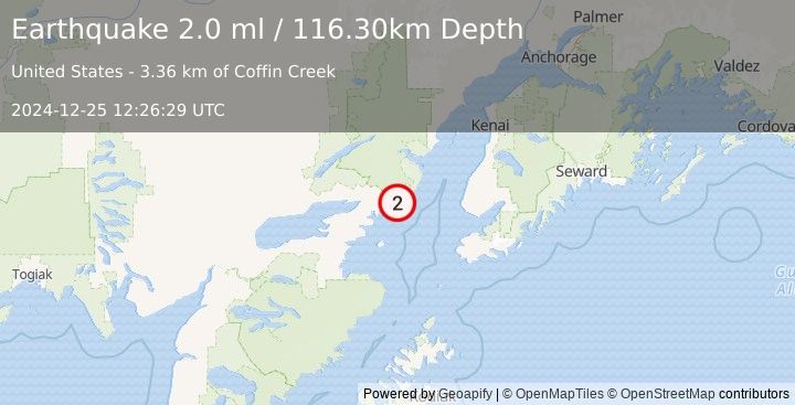 Earthquake 56 km E of Pedro Bay, Alaska (2.0 ml) (2024-12-25 12:26:29 UTC)