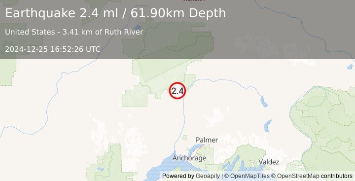 Earthquake 22 km NE of Petersville, Alaska (2.4 ml) (2024-12-25 16:52:26 UTC)