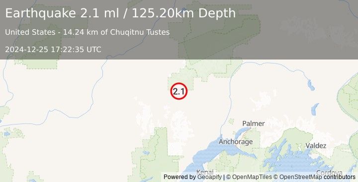 Earthquake 61 km WNW of Skwentna, Alaska (2.1 ml) (2024-12-25 17:22:35 UTC)