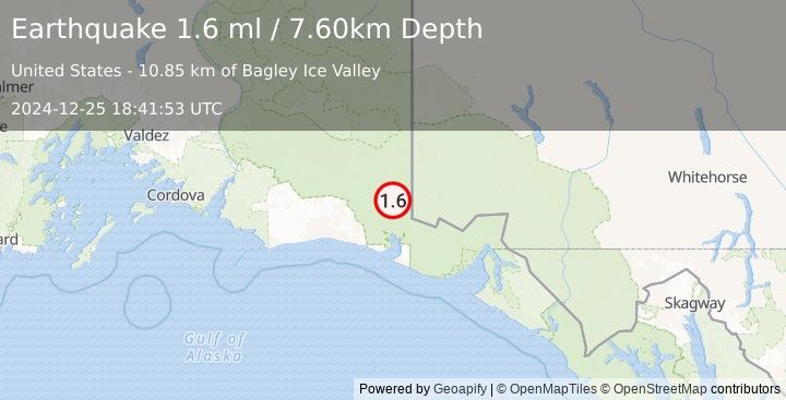 Earthquake 133 km SE of McCarthy, Alaska (1.6 ml) (2024-12-25 18:41:53 UTC)