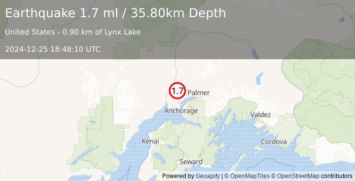 Earthquake 11 km S of Willow, Alaska (1.7 ml) (2024-12-25 18:48:10 UTC)