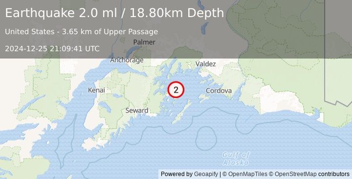 Earthquake 58 km NNE of Chenega, Alaska (2.0 ml) (2024-12-25 21:09:41 UTC)