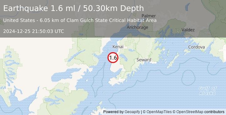 Earthquake 13 km WSW of Clam Gulch, Alaska (1.6 ml) (2024-12-25 21:50:03 UTC)