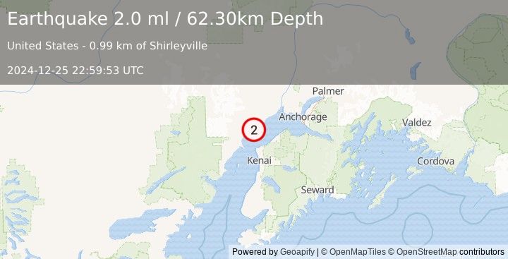 Earthquake 16 km WSW of Tyonek, Alaska (2.0 ml) (2024-12-25 22:59:53 UTC)