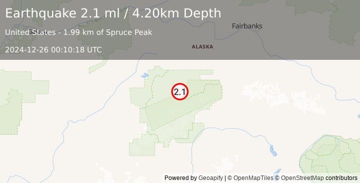 Earthquake 52 km E of Denali National Park, Alaska (2.1 ml) (2024-12-26 00:10:18 UTC)