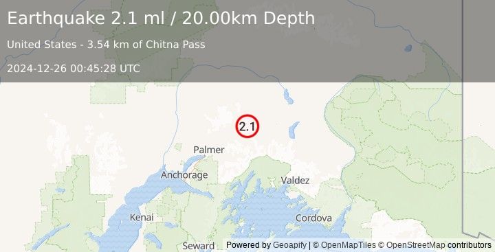 Earthquake 20 km NW of Glacier View, Alaska (2.1 ml) (2024-12-26 00:45:28 UTC)