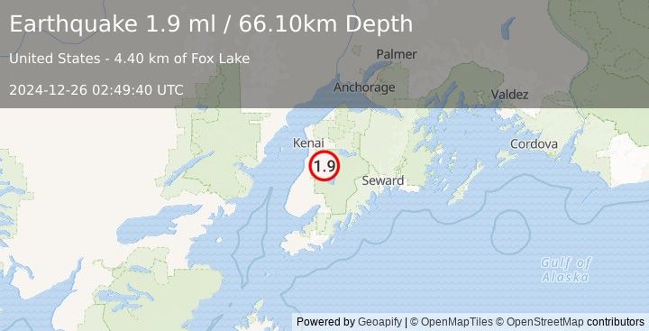 Earthquake 23 km ESE of Kasilof, Alaska (1.9 ml) (2024-12-26 02:49:40 UTC)