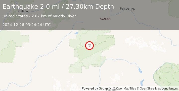 Earthquake 36 km ESE of Denali National Park, Alaska (2.0 ml) (2024-12-26 03:24:24 UTC)