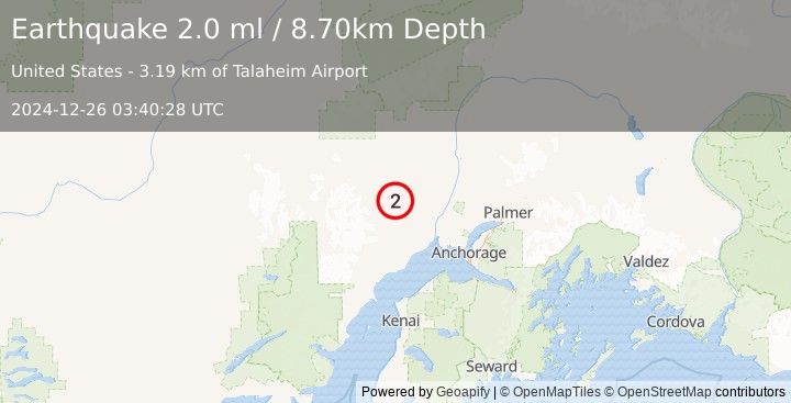 Earthquake 32 km S of Skwentna, Alaska (2.0 ml) (2024-12-26 03:40:28 UTC)