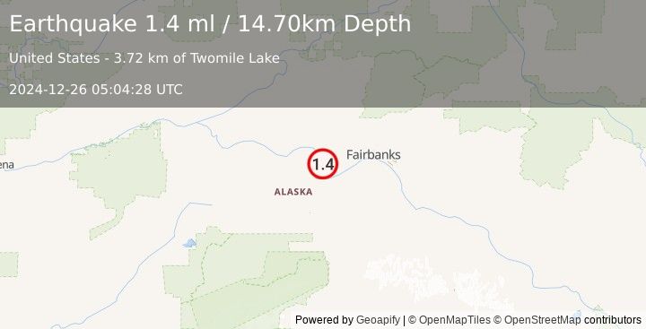 Earthquake 16 km NNE of Four Mile Road, Alaska (1.4 ml) (2024-12-26 05:04:28 UTC)