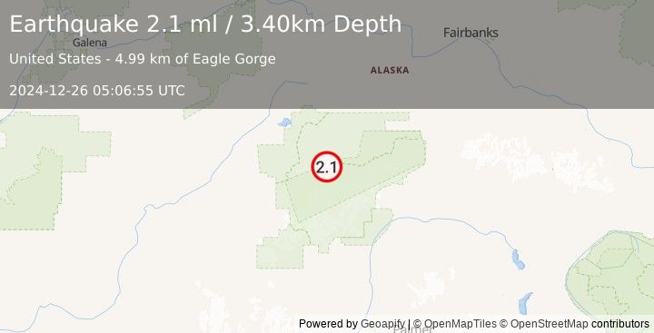 Earthquake 29 km ESE of Denali National Park, Alaska (2.1 ml) (2024-12-26 05:06:55 UTC)