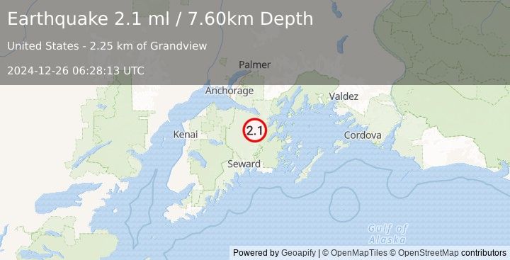 Earthquake 20 km NE of Moose Pass, Alaska (2.1 ml) (2024-12-26 06:28:13 UTC)