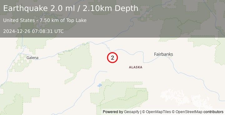 Earthquake 43 km SW of Manley Hot Springs, Alaska (2.0 ml) (2024-12-26 07:08:31 UTC)