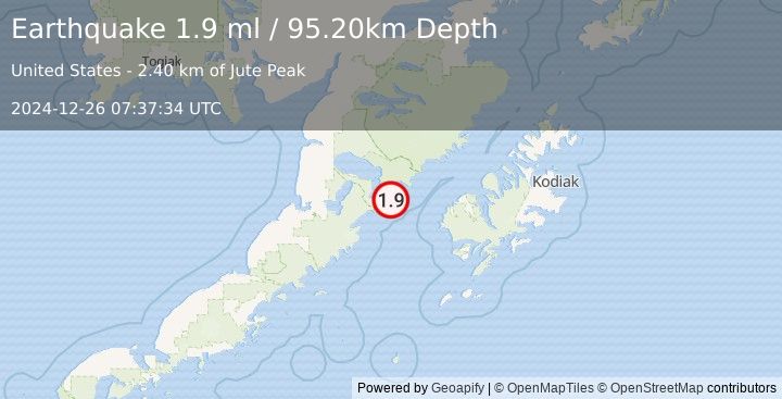 Earthquake 76 km W of Karluk, Alaska (1.9 ml) (2024-12-26 07:37:34 UTC)