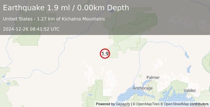 Earthquake 85 km NW of Skwentna, Alaska (1.9 ml) (2024-12-26 08:41:52 UTC)