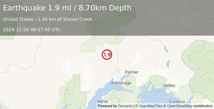 Earthquake 33 km SSW of Petersville, Alaska (1.9 ml) (2024-12-26 08:57:50 UTC)