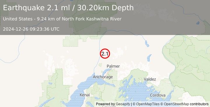 Earthquake 14 km SSE of Susitna North, Alaska (2.1 ml) (2024-12-26 09:23:36 UTC)