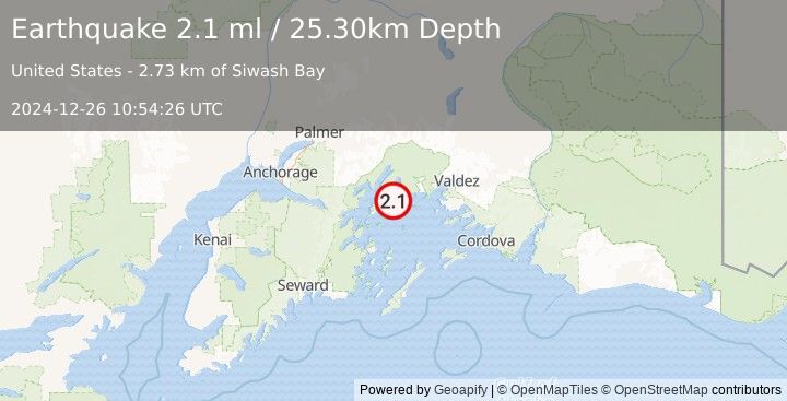 Earthquake 51 km W of Tatitlek, Alaska (2.1 ml) (2024-12-26 10:54:26 UTC)