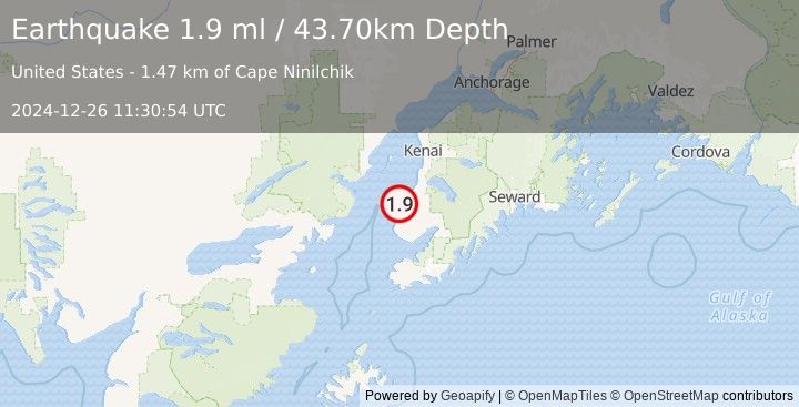 Earthquake 3 km SW of Ninilchik, Alaska (1.9 ml) (2024-12-26 11:30:54 UTC)