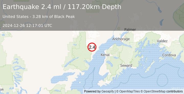 Earthquake 63 km WNW of Nikiski, Alaska (2.4 ml) (2024-12-26 12:17:01 UTC)