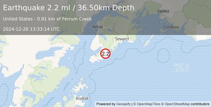 Earthquake 31 km E of Halibut Cove, Alaska (2.2 ml) (2024-12-26 13:33:14 UTC)