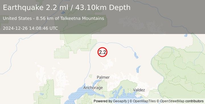 Earthquake 48 km E of Chase, Alaska (2.2 ml) (2024-12-26 14:08:46 UTC)