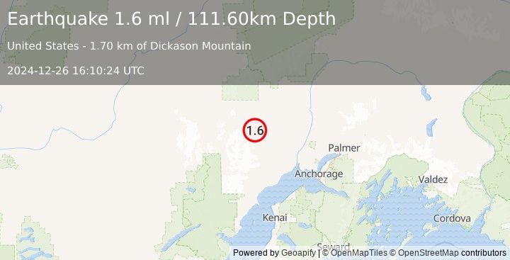 Earthquake 28 km WSW of Skwentna, Alaska (1.6 ml) (2024-12-26 16:10:24 UTC)