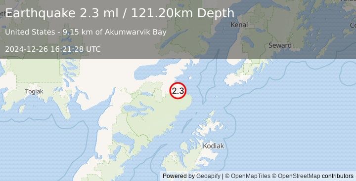 Earthquake 60 km SE of Kokhanok, Alaska (2.3 ml) (2024-12-26 16:21:28 UTC)