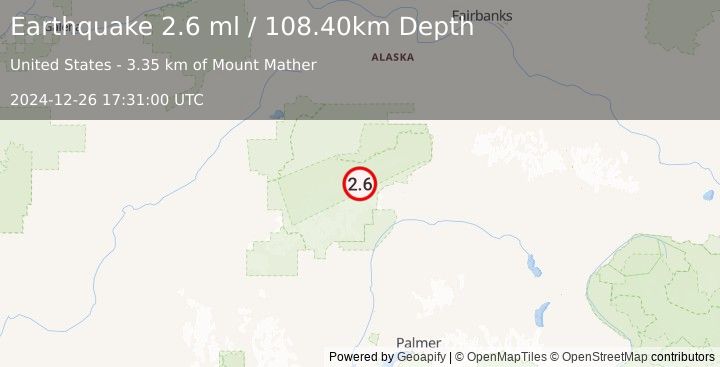 Earthquake 75 km WSW of Cantwell, Alaska (2.6 ml) (2024-12-26 17:31:00 UTC)