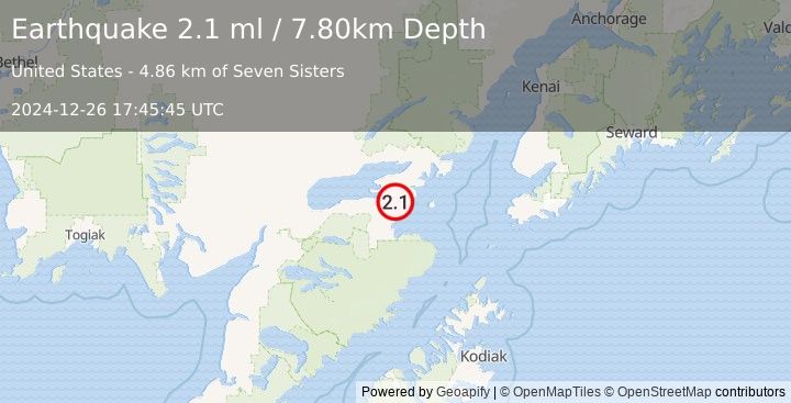 Earthquake 25 km SE of Pope-Vannoy Landing, Alaska (2.1 ml) (2024-12-26 17:45:45 UTC)